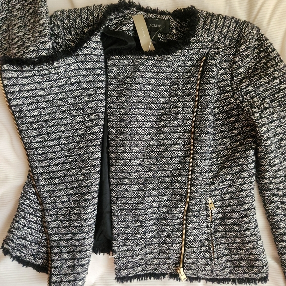 J.crew set woven Tweed Fringe Cropped Jacket/Blazer 4 & skirt 2 navy/off white - Picture 7 of 16